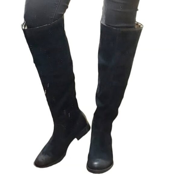 NWT BORN Borman Boho Black Distressed Suede Knee Boots Leopard Cuff 8 MSRP $260 - Picture 1 of 14